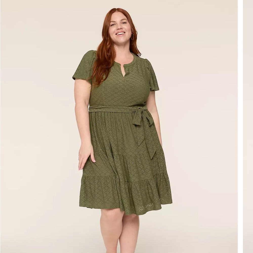 NWT Lane Bryant Knit Eyelet Split-Neck Dress Olive Green Size 14 16